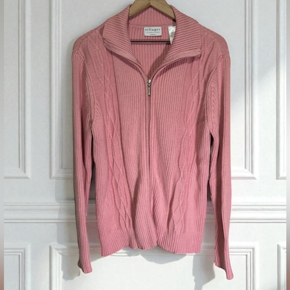 Villager by Liz Claiborne Cable Knit Sweater Size 2X Full Zip Preppy Casual NWT